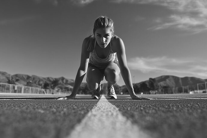 Woman on track ready to start a race.