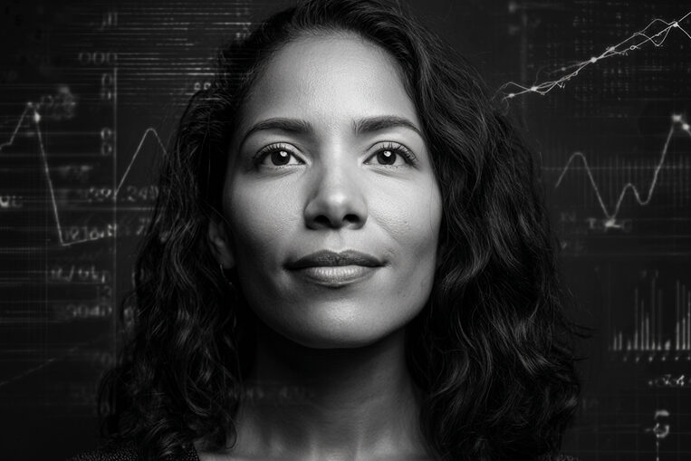 Woman with graphs and charts behind her.